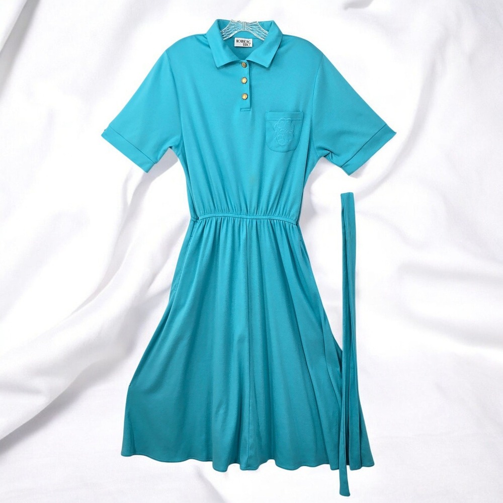 VTG Brownstone‎ Studio Polo Dress Woman Med? Blue Embroidered Logo Gold Buttons